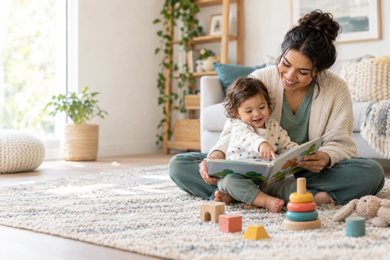 A caregiver reading with a toddler in a warm, light-filled living room